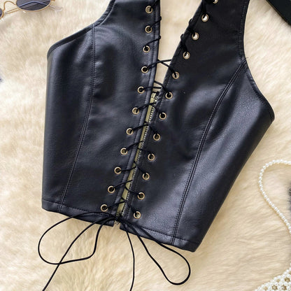 PU Leather Sexy Club Camisole Fashion Hollow Out Lace Up Slim Tank Top Sleeveless Backless Ins Spicy Girl Halter Top