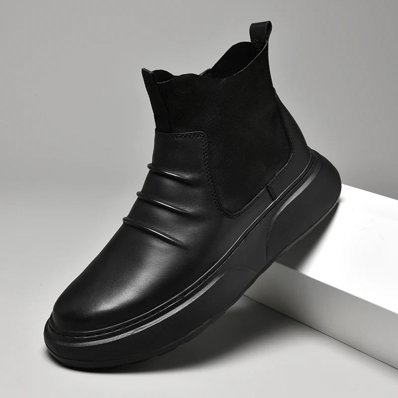 Luxury Brand Male Slip on Chelsea Boots Genuine Leather Mens Warm Winter Shoes High Quality Ankle Boots Men Handmade Snow Boots