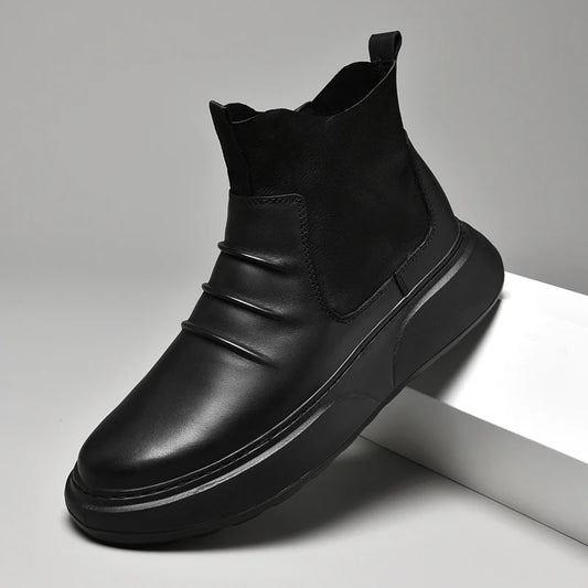Luxury Brand Male Slip on Chelsea Boots Genuine Leather Mens Warm Winter Shoes High Quality Ankle Boots Men Handmade Snow Boots