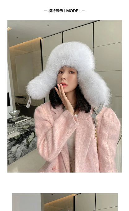 Winter Warm Real Fox Fur Hat Ear-Protecting Hats Women's Genuine Leather Windproof Fox Fur Bomber Hat Thickened Sheepskin Cap