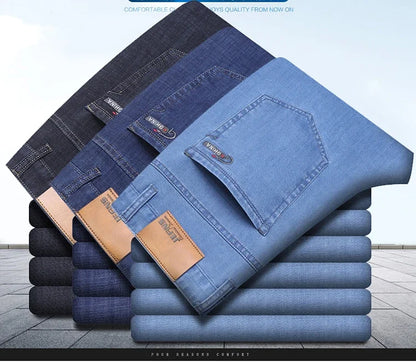 New Ice Silk Thin Denim Jeans for Men Blue Straight Stretch Cotton Denim Pant Business Casual Lightweight Trousers Spring Summer