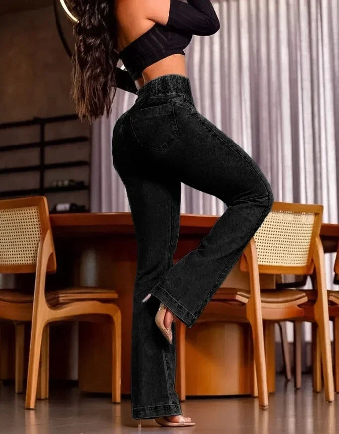 2025 autumn winter  Elegant High Waist Button Front Casual Female Jeans Sexy  Fashion Back Shirred Trouser Bottom