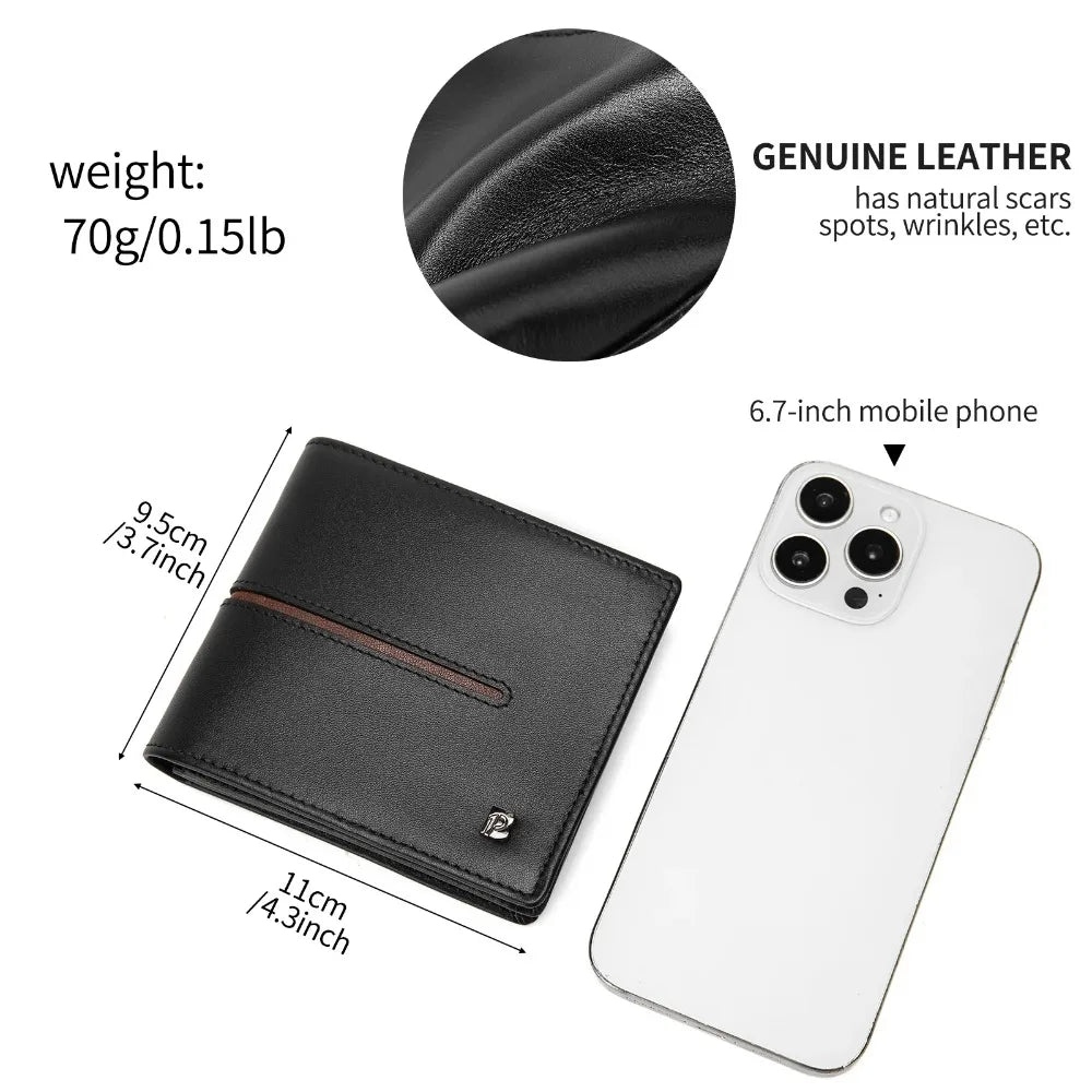 Men's Bifold Wallet Genuine Leather Black RFID Blocking Extra Capacity Card Slots & ID Window Durable Purse for Men Ideal Gift
