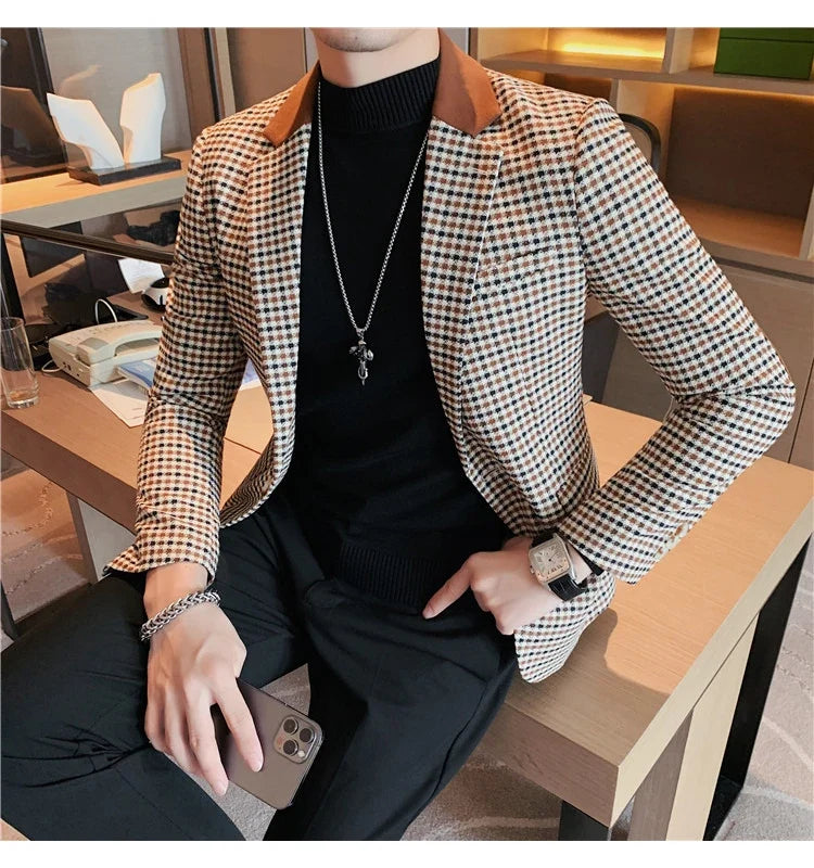 2024 Autumn Winter Korean  Houndstooth Blazer Jackets Fashion Color Matching Lapel Design Casual Men's Plaid Suit Coat Tuxedo