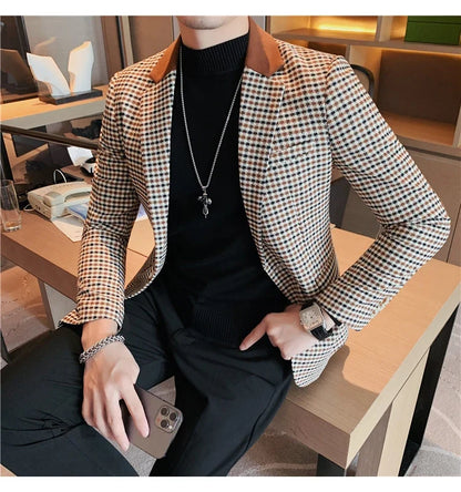 2024 Autumn Winter Korean  Houndstooth Blazer Jackets Fashion Color Matching Lapel Design Casual Men's Plaid Suit Coat Tuxedo