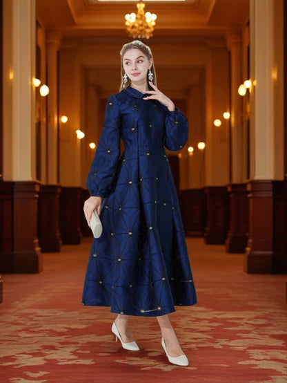 Fall/Winter Turned Collar Lined Sleeve A-Line Silhouette Geometric Heavyweight Jacquard Elegant and Graceful Long Dress