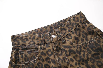 High Waisted Leopard Print Jeans for Women Y2k Retro Streetwear Denim Pants Hip Hop Straight Wide Leg Baggy Jeans