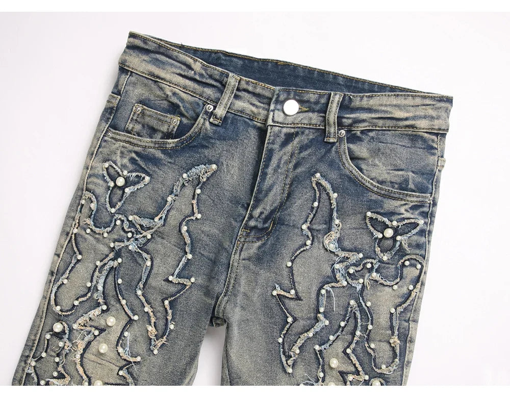 Men's Pearl Boot Cut Denim Jeans Embroidery Patch Slim Flared Pants Casual Streetwear Vintage Blue Trousers