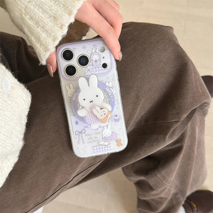 Korean INS Star Bow Rabbit With Magsafe Stand Phone Case for iPhone 17 Pro 13 14 15 16 Pro Max Cover Rotate Holder Cute Cases
