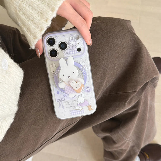 Korean INS Star Bow Rabbit With Magsafe Stand Phone Case for iPhone 17 Pro 13 14 15 16 Pro Max Cover Rotate Holder Cute Cases