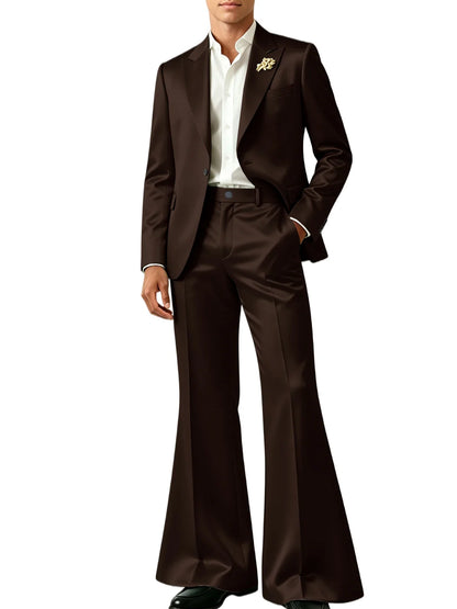 Luxury Men's Shiny Satin Suit 2 Piece Notch Lapel 1 button Jacket Wide Leg Flared Pants Wedding Groom Tuxedo Formal Party
