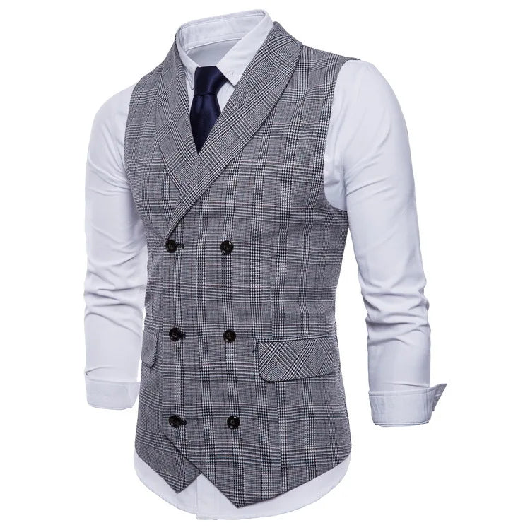 New Men's Checkered Vest, Male Casual Business Suit Vest, Plus Size British-Style  Four Seasons Double Breasted Slim Fit Vest