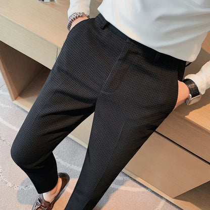 2024 Autumn New Waffle Stretch Waist Business Formal Pants Men Fashion Wedding Slim Trouser Mens Brand Social Party Suit Pants