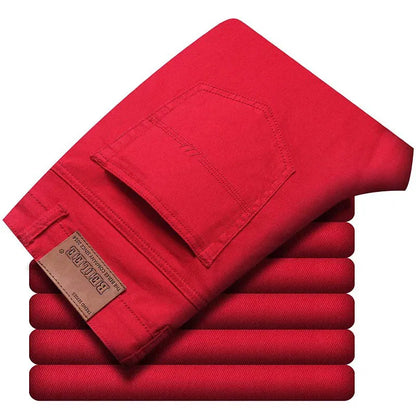 Men Classic Version Slim Stretch Trousers Clothing Red Straight Jeans Fashion High Quality Casual  Denim Pants Male 36 40