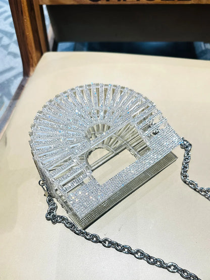 Women's Half-Moon Evening Bag Luxury Designer Rhinestone clutch bag Fan Shape Golden Party Bag Mini Sparkling Wedding Purse