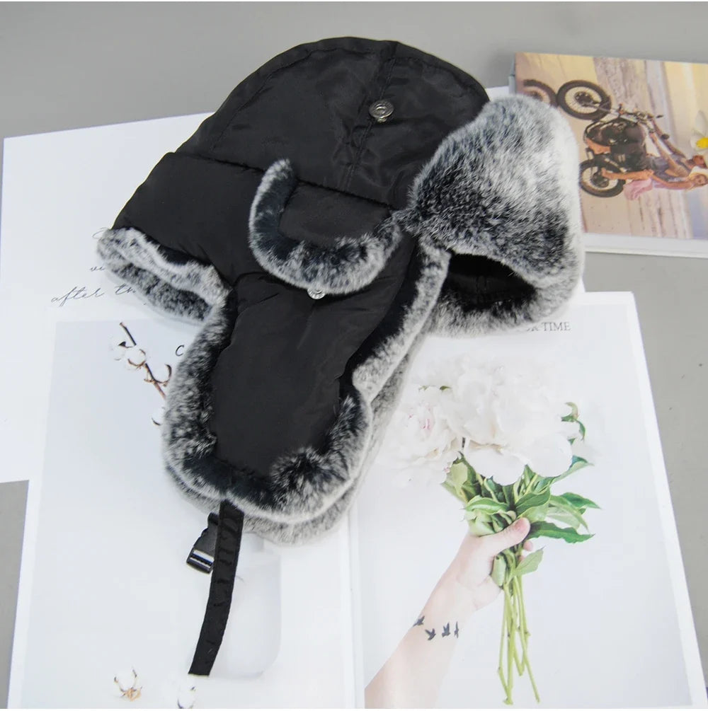 New Natural Soft Rex Rabbit Fur Caps Russia Winter Real fur Hat Men Outdoor Windproof Super Warm Real Rex Rabbit Fur Bomber Hats
