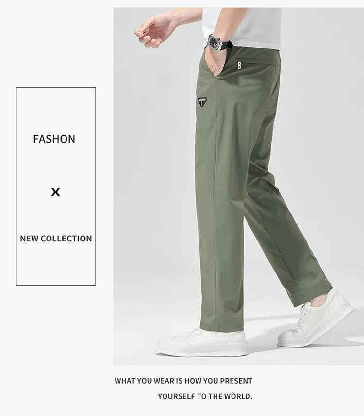 Korean Street Summer Y2K Men's Ice Silk Casual Pants All Match Elastic Sweatpants Office Business Fashion Straight Suit Trousers