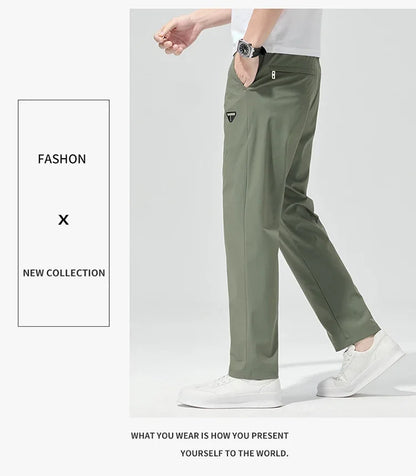 Korean Street Summer Y2K Men's Ice Silk Casual Pants All Match Elastic Sweatpants Office Business Fashion Straight Suit Trousers