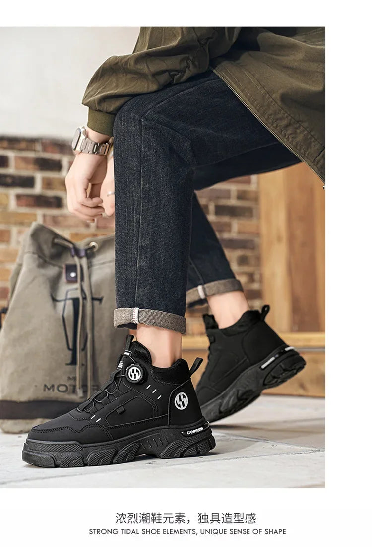 Autumn Men's Sneakers New Breathable Workwear Shoes Trendy Thick Soled Shoes Anti Slip White Casual Skateboard Shoes Ankle Boots