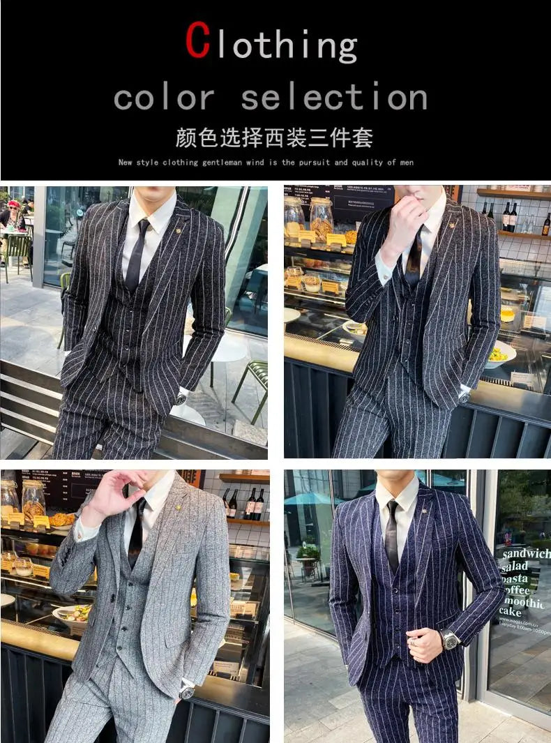 2023 Men's British Fashion Three-piece Set Slim Fit Suit Vest Trousers Ensemble Handsome Trendy All-in-one Banquet Blaze