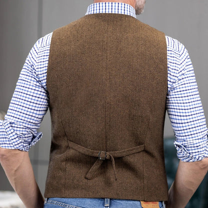 Men Vest Brown Herringbone Single Button With Lapel Waistcoat For Wedding Banquet Party Business Work Daily Casual Men Suit Vest
