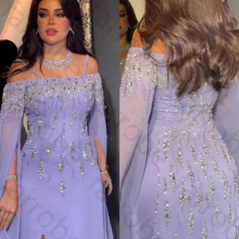 Customized Arabic Lilac Mermaid Prom Gown Sleeves High Split Beaded Luxury Evening Dresses Gowns for Women Wedding Party Dress