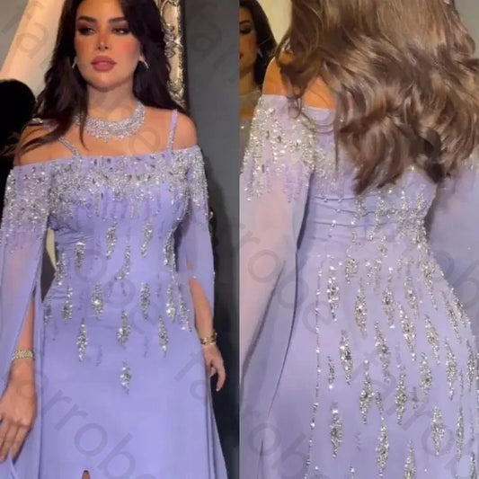Customized Arabic Lilac Mermaid Prom Gown Sleeves High Split Beaded Luxury Evening Dresses Gowns for Women Wedding Party Dress