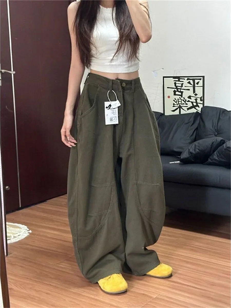 Baggye Jeans for Women Army Green High Waist Loose Vintage Y2k  Long Denim Pants Female Fashion Streetwear Washed Jeans