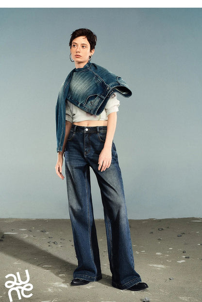 Women Denim Jeans 2025 Autumn New Lycra Stretch Washed Wide Leg Straight Long Pants