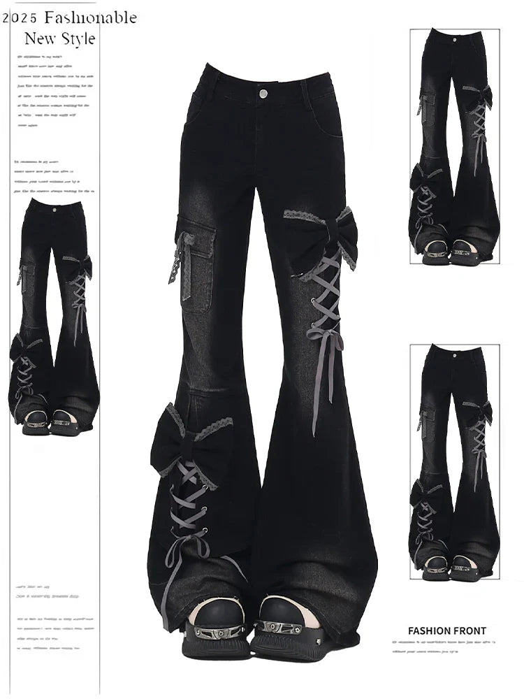 Women's Low Rise Flare Jeans Bow Lace Up Japanese Designer Denim Pants Shoujo Y2k American Retro Bell Bottom Jeans Harajuku New