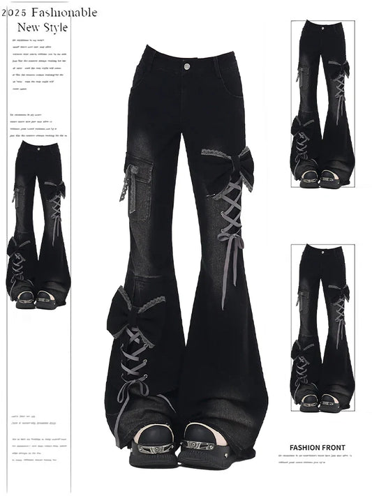 Women's Low Rise Flare Jeans Bow Lace Up Japanese Designer Denim Pants Shoujo Y2k American Retro Bell Bottom Jeans Harajuku New