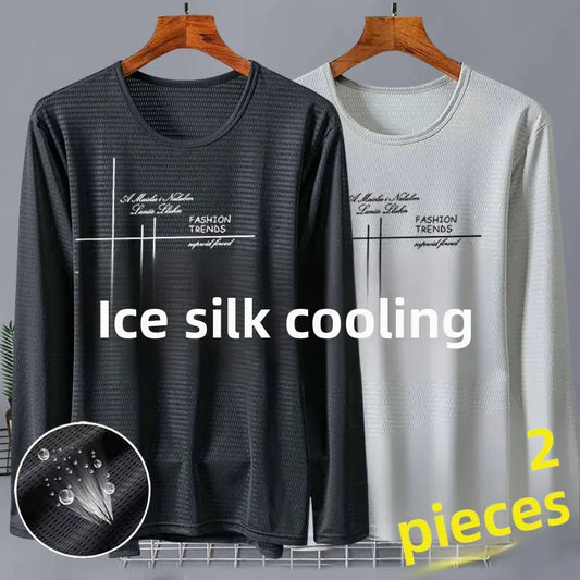 New 2025 Men's Ice Silk Breathable Sun Protection Hollow out Thin Long Sleeve Casual Sports T-Shirt Large Size Loose Fit