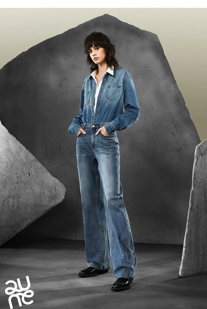 Women Denim Jeans 2025 Autumn New Lycra Stretch Straight Wide Leg Long pants