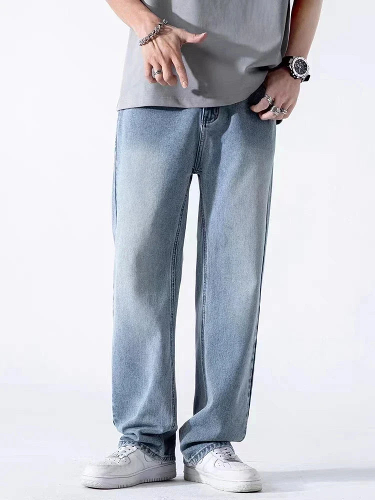 Spring Autumn Men's Jeans Straight Denim Pants Banding Waist Cotton Streetwear Wide Leg Loose Casual Blue Long Jeans Trousers