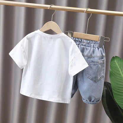 Summer Baby and Boys Cotton 3D Printed Lace Up Top t-Shirt+Denim Shorts Pant Set School Kids 2PCS Tracksuit Child Outfits 1-12Yr