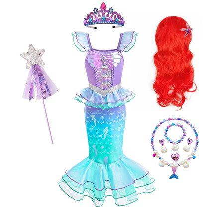 Halloween Costume Mermaid Dress Girl Ruffles Shell Fishtail Frocks Ariel Fantasy Luxury Princess Gown Children Fancy Fairy Dress