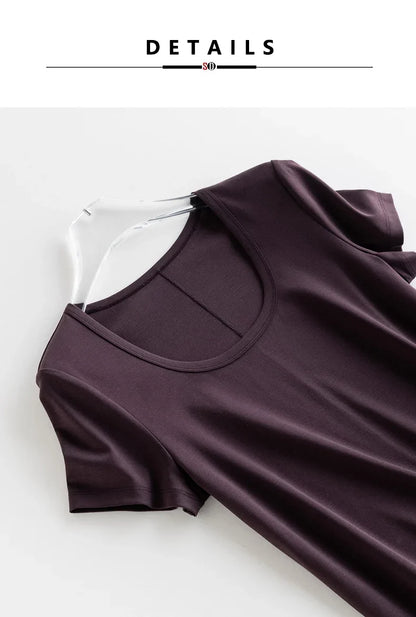Women Solid T Shirt, Silk Cotton Blend, Square Collar, Short Sleeves Chic Shirt 2025 Spring Summer Cozy Top