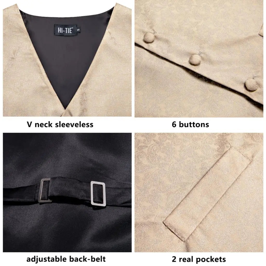 High Quality Silk Mens Vests Champagne Paisley Waistcoat Neck Tie Hanky Cufflinks Brooch Set for Men Suit Wedding Office