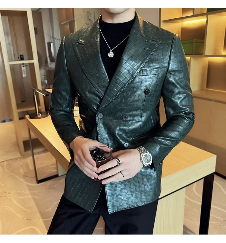 High Quality Square Grid Double Breasted Leather Jacket Fashion Business Slim Fit Casual Men Suit Blazer Tuxedos Men Clothing