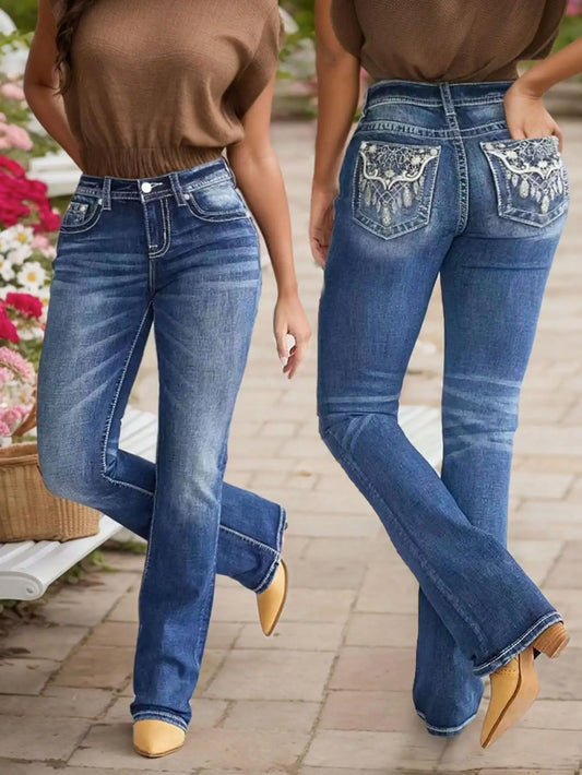 Women's Embroidered Wash Denim Jeans – Heavy-Duty Stitching for Style and Durability