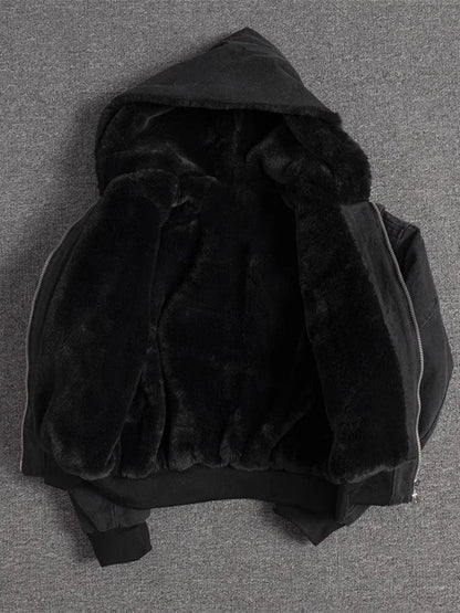 Autumn Winter Short Thickened Warm Oversized Canvas Washed Padded Jacket with Faux Fur Inside Loose Casual Hoodie
