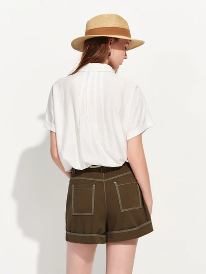 2026 Summer Women‘s Asymmetric Drop Shoulder Blouse, Notched Collar Short Sleeve Shirt for Relaxed Designer Style Top