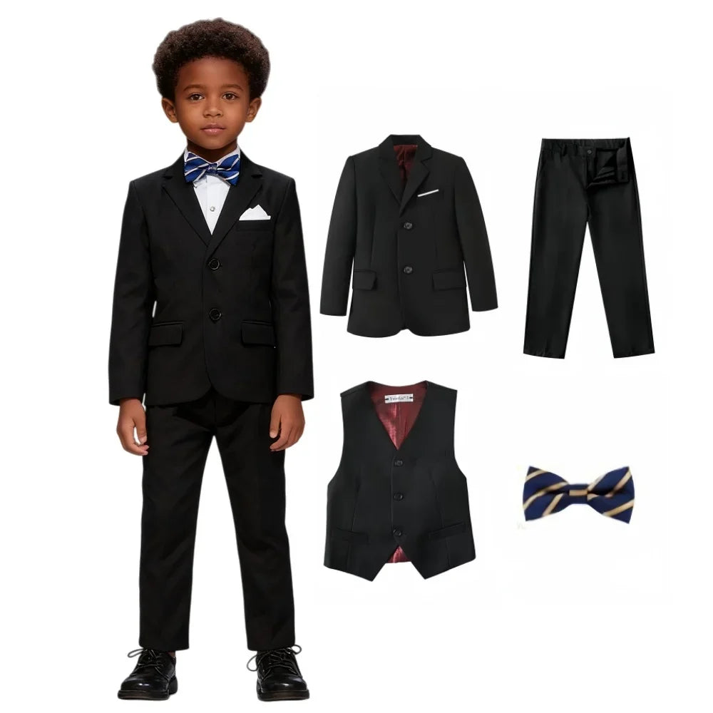 Four Pieces Black Suit Set for Boys, Single-Breasted Suit Jacket Pants Vet Bowtie Communion Back to School Party Suits Tuxedo