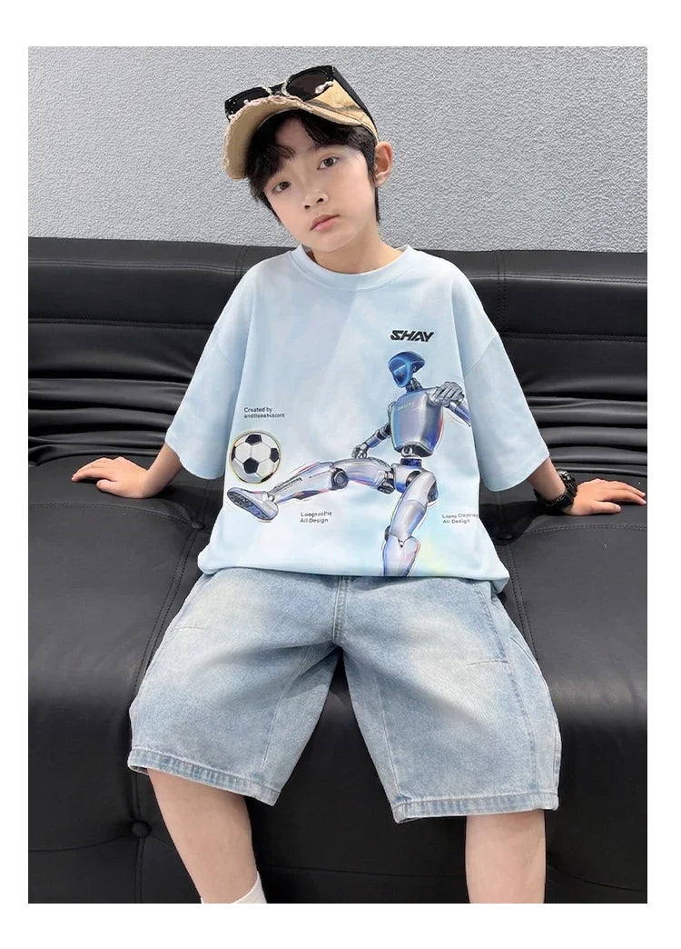 Tween Boys Summer Sets Clothing Child Tshirt Denim Shorts Two Pieces Sports Suit For Kids Teenagers 5 6 7 8 9 10 11 12 13 14 Yrs