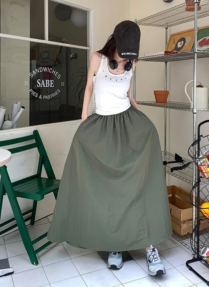 Chic Women Pockets A-Line Long Skirts Ladies Casual Loose Elastic High Waist Midi Skirt 2024 Spring Summer