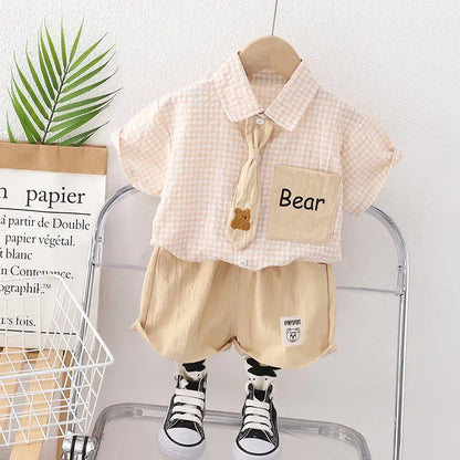 Summer Casual Plaid T-Shirt And Pants Set with Tie for Baby Boys Cotton Toddler Outfit 2Pcs Clothing Suit Kids Clothing