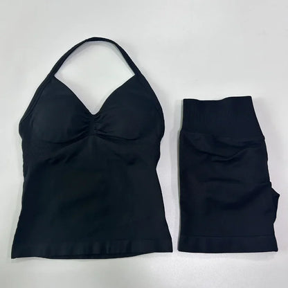 No Logo 2 Pieces Sports Set Workout Clothes Shorts Sets Gym Strappy Top Scrunch Shorts Yoga Clothing Gym Set