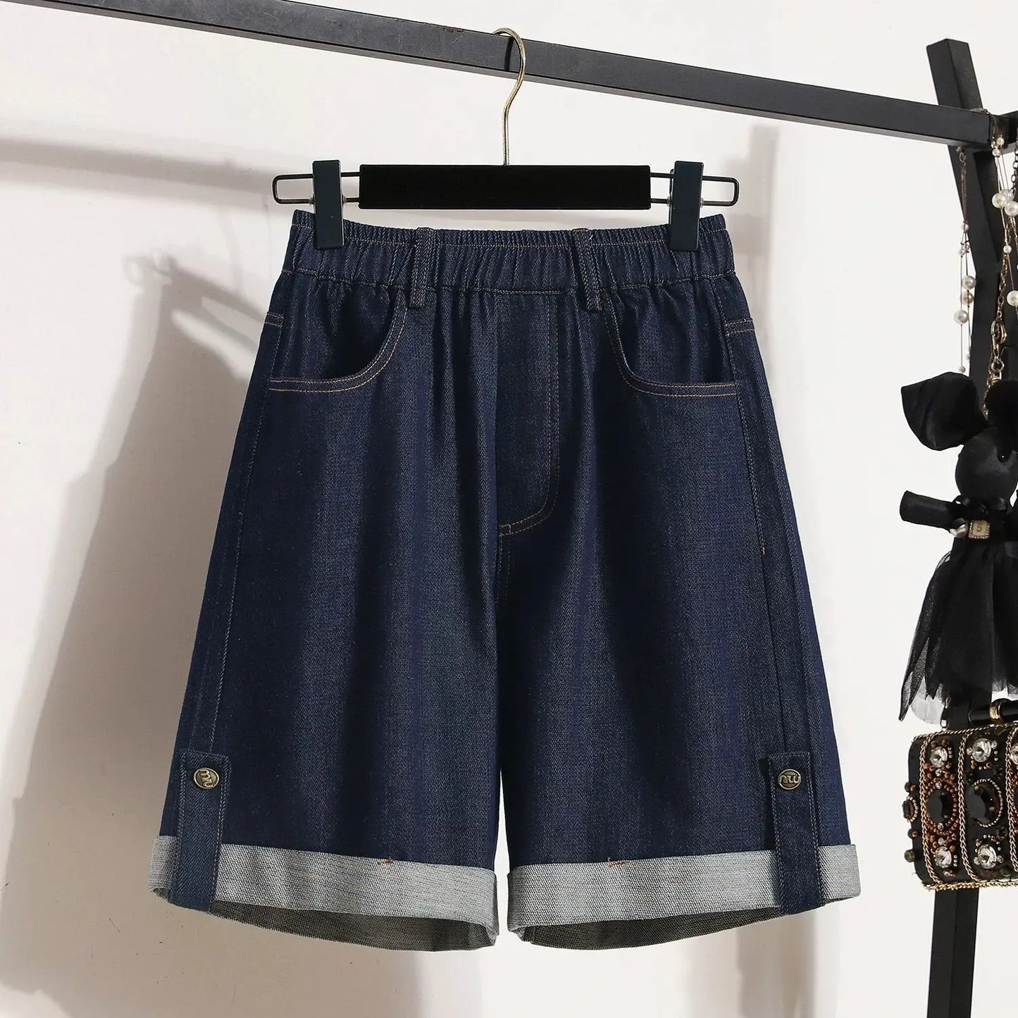 Women Denim Shorts 2026 New Summer Elastic High Waisted Jeans Ice Silk Wide-leg Pants Ladies Loose Solid Cowboy Shorts Size 5XL