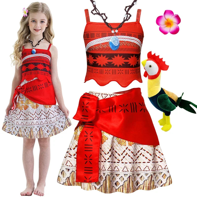 New Dress Girls Princess Clothes Kids Dress Up Vaiana Necklace Pig Chick Children Carnival Party Summer Costume Set 2-10T