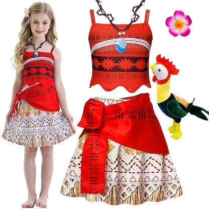 New Dress Girls Princess Clothes Kids Dress Up Vaiana Necklace Pig Chick Children Carnival Party Summer Costume Set 2-10T